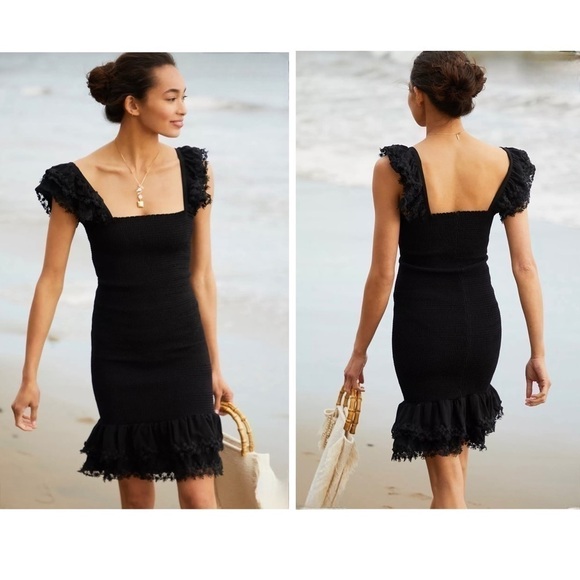 PEIXOTO Belle Crochet Ruched Smocked Lace Flutter Sleeve BodyCon Mini Dress NEW - Picture 7 of 11